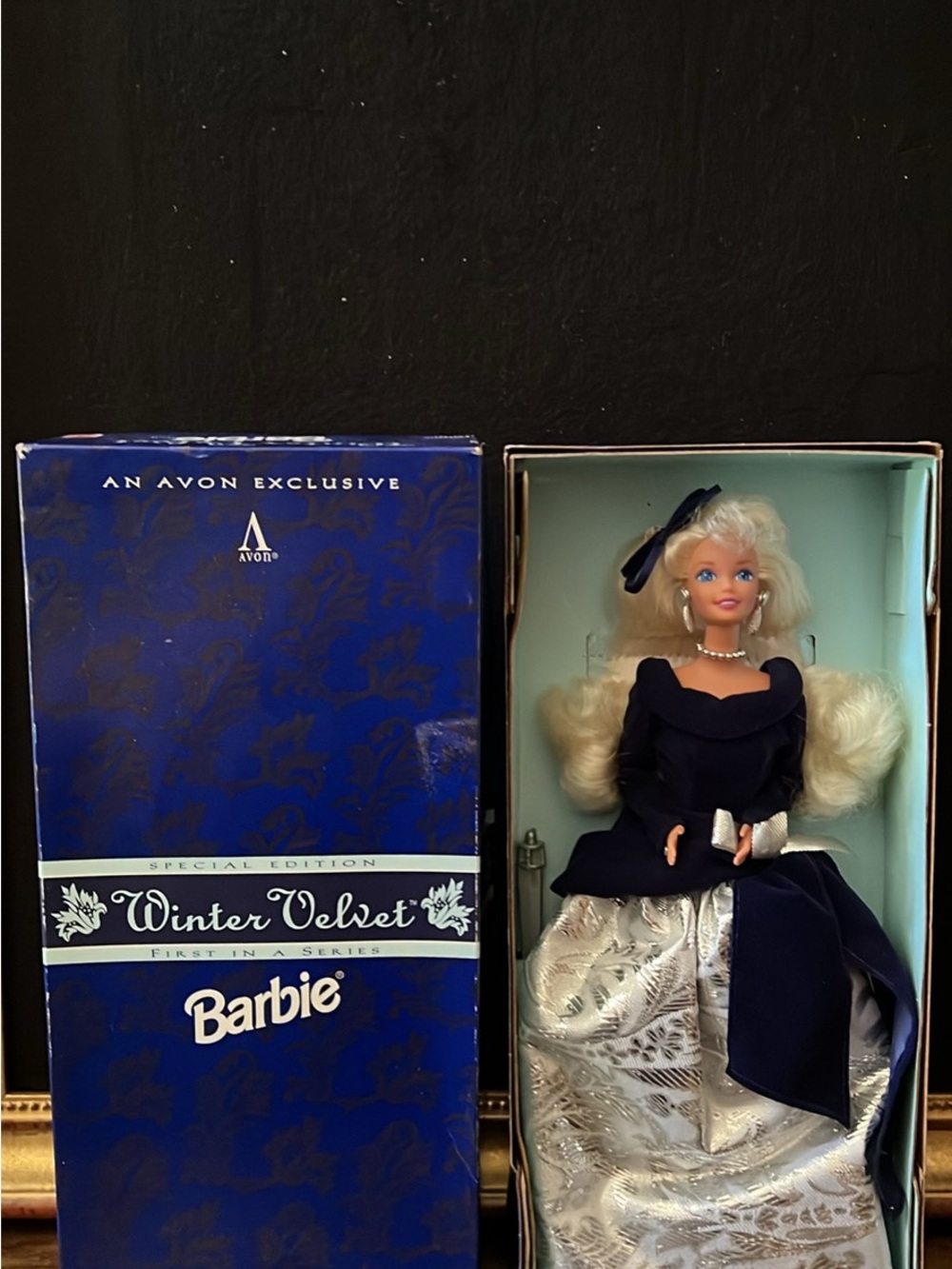 Avon Barbie Winter Velvet Doll - Navy & Silver